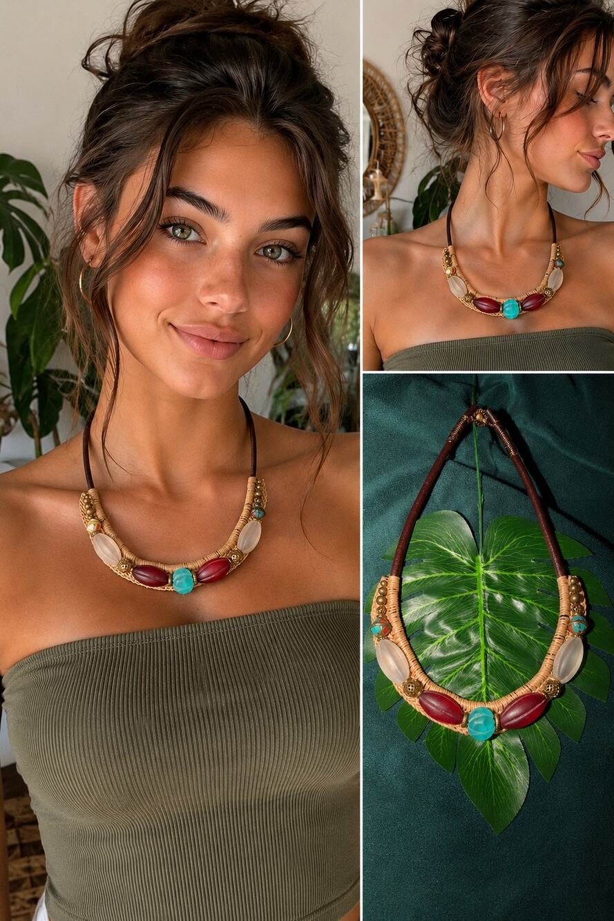 BOGO free Boho Tribal Necklace Turquoise Red Frosted Beads Rattan Ethnic Artisan